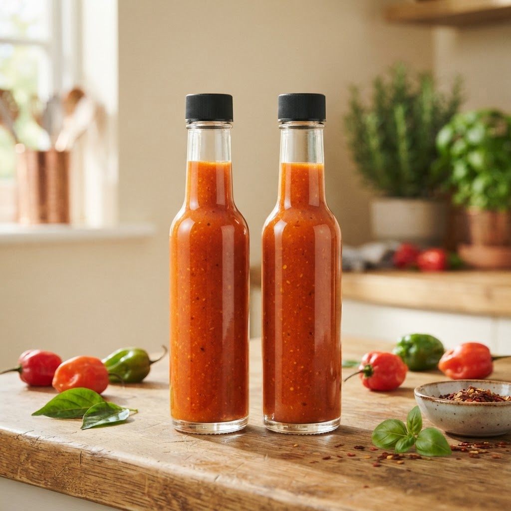 Two Sweet Death hot sauce bottles on a sunlit kitchen counter surrounded by fresh peppers.