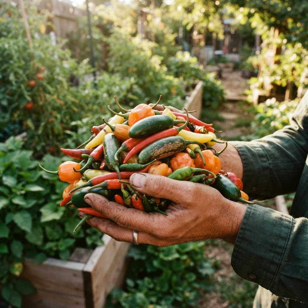 Two hands holding an overflowing harvest of fresh chili peppers in a sunny backyard garden.
